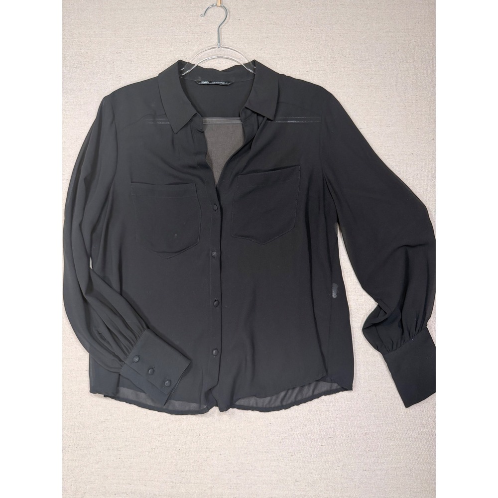 Zara Black Sheer Button Down Blouse Long Sleeve Pocket Back Cutout Top Medium
